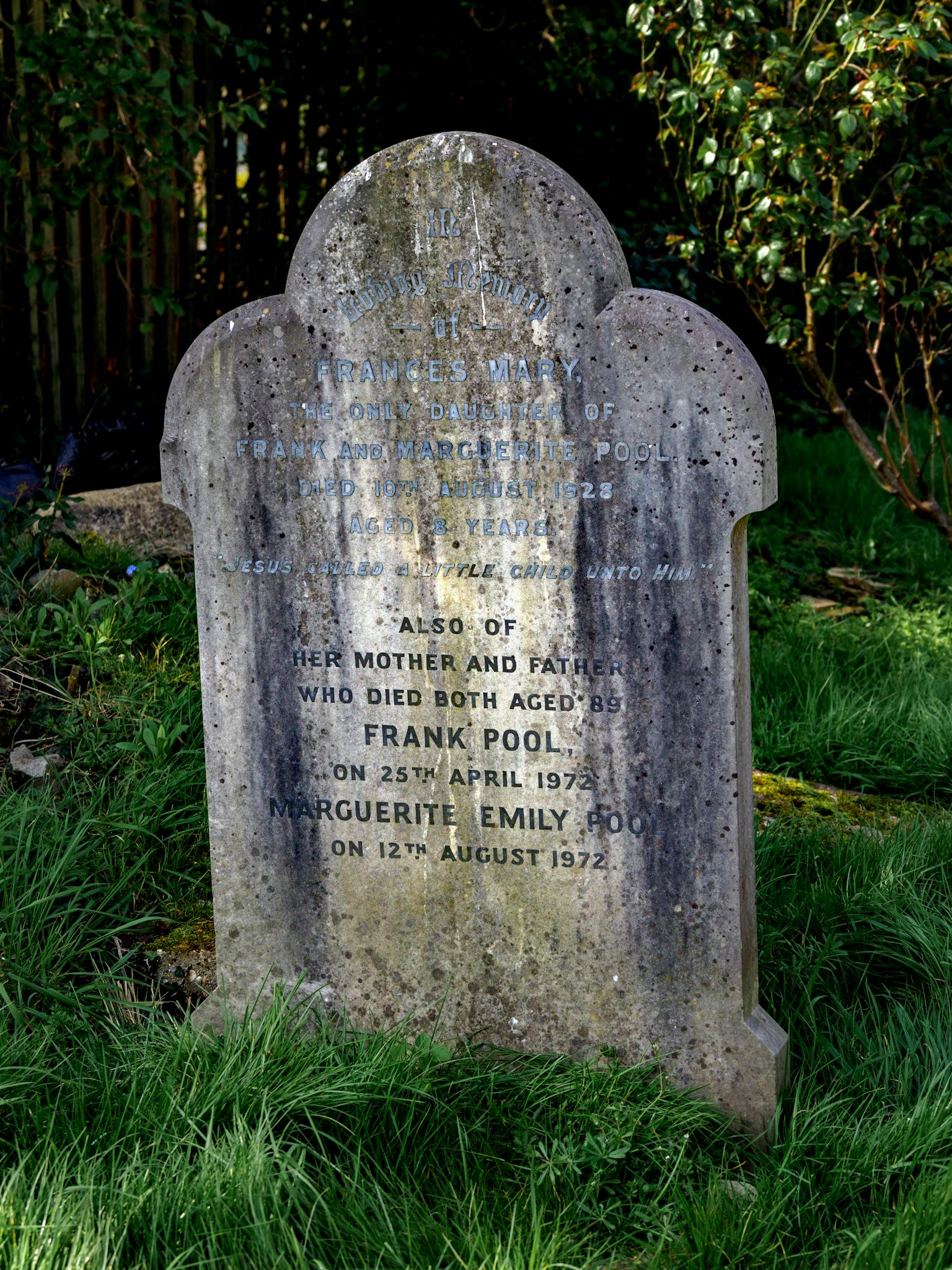 Weathered tombstone surrounded by lush green grass in a tranquil cemetery setting.